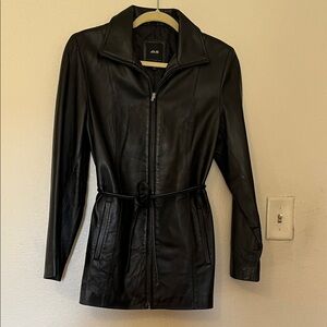 Women's Black Leather Jacket with Belt